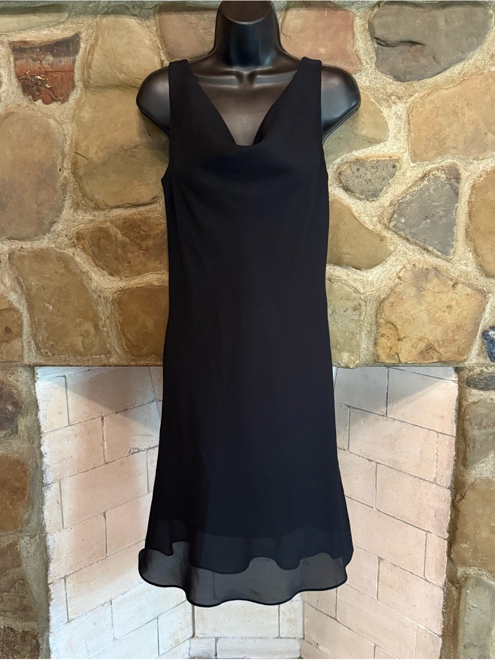 VTG 90s Jump Black Sleeveless Midi Dress with Sheer Scalloped Hem Cowl Neck
